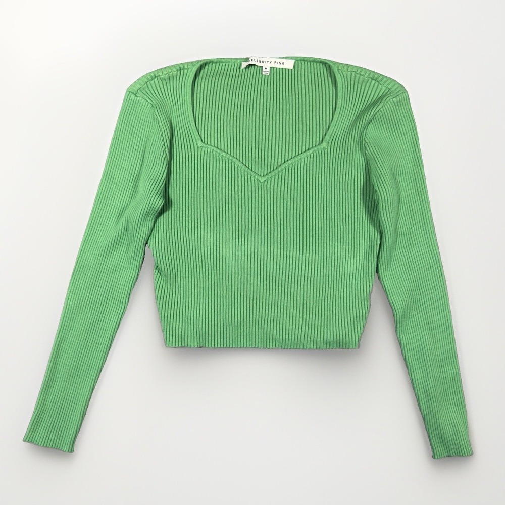 Celebrity Pink Ribbed Crop Top Womens M Ming Green Sweetheart Neck Long Sleeve